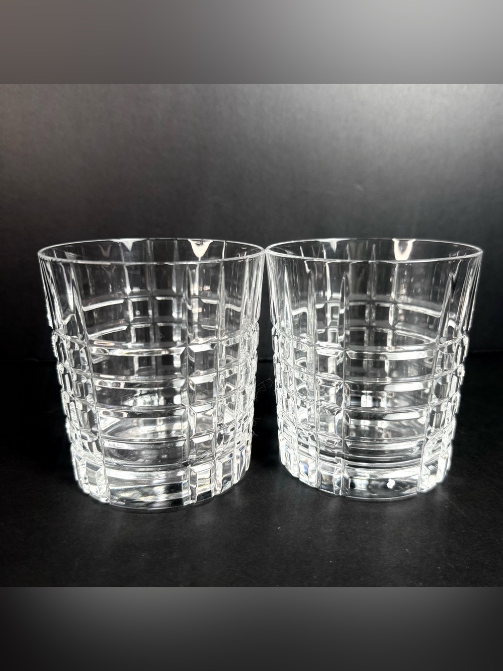Vintage Set Of 2 Tiffany & Co Plaid Double Old Fashioned Glasses 3 5/8" MINT
